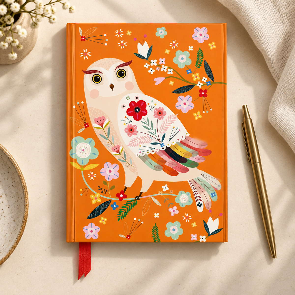 Folk Owl Foiled Journal — Bee Brown — styled product photograph