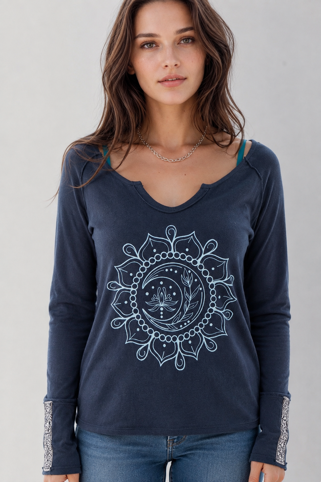 Moon Mandala Navy Cotton V-Neck — front view