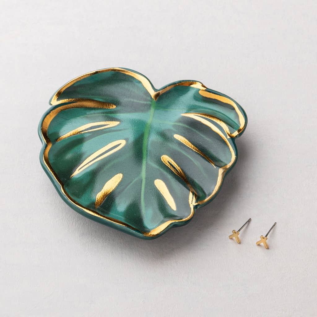 Leaf sage trinket dish and leaf stud earring gift set