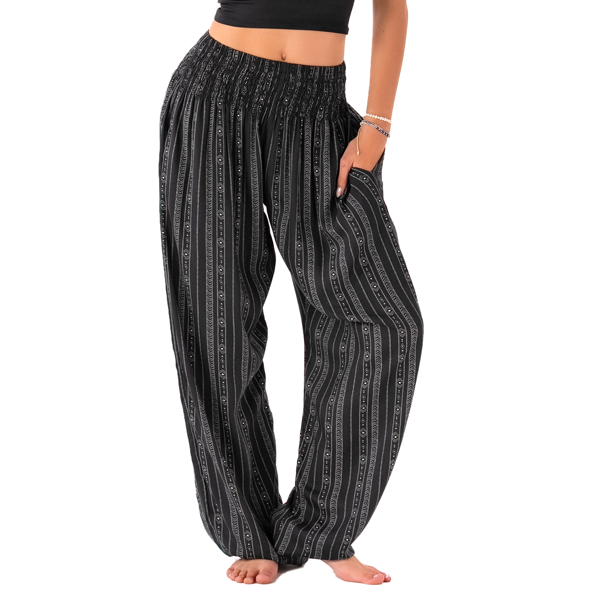 Buttery soft Akha tribal-print harem pants with smocked waist