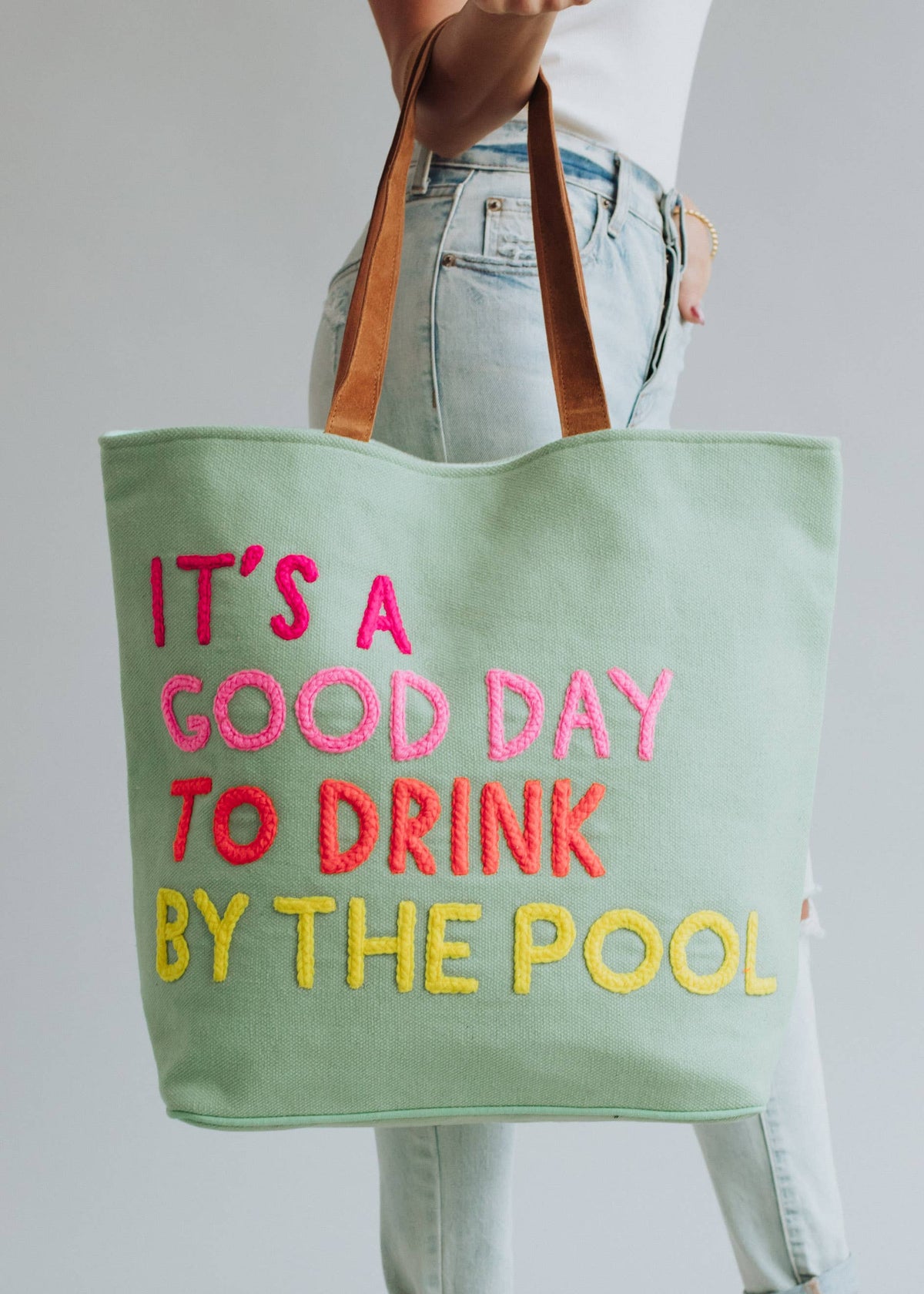 Mint woven Poolside Bliss tote with summer resort detail