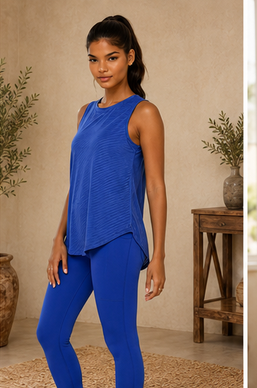 Sheer Striped Mesh Active Tank with Cut-Out Back Blue, view 5 | House of Caelo®