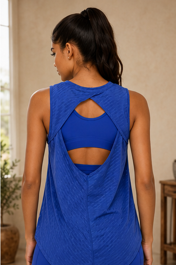 Sheer Striped Mesh Active Tank with Cut-Out Back Blue, view 3 | House of Caelo®