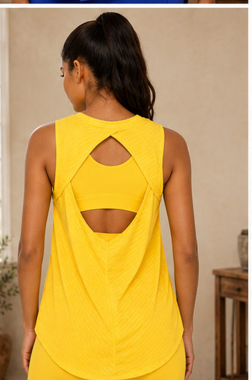 Sheer Striped Mesh Active Tank with Cut-Out Back Blue, view 4 | House of Caelo®