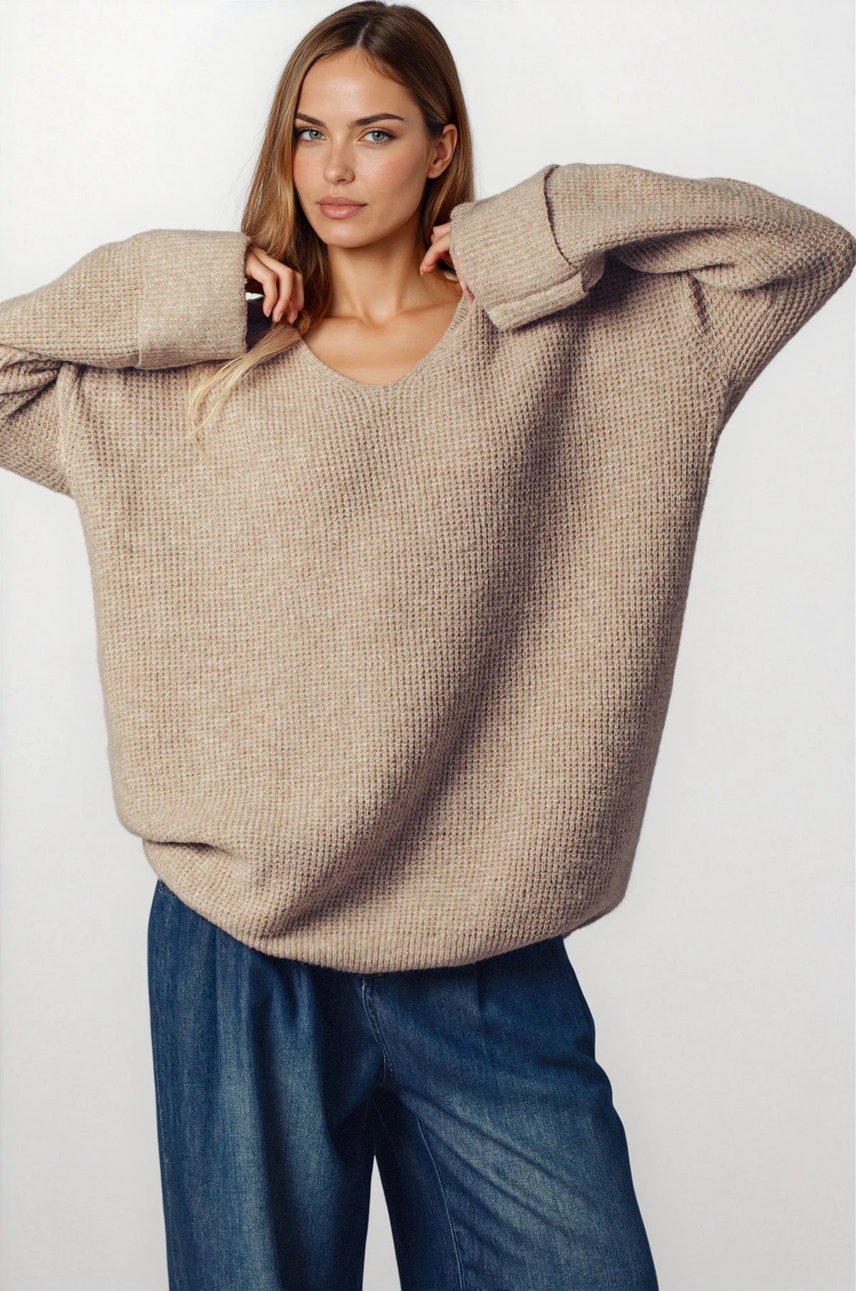 Oversized Knit V-Neck Sweater Tunic Top - House of Caelo Athleisure Wear, Yoga Wear &  Women's Clothing