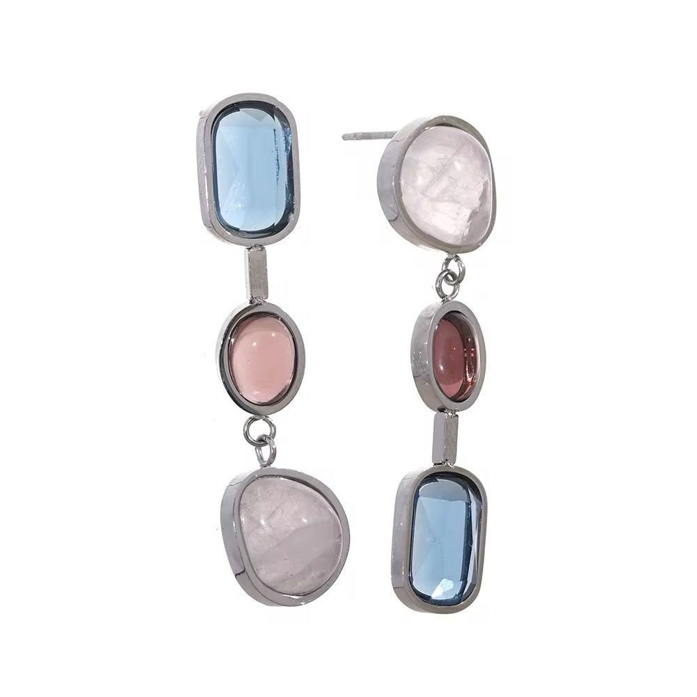 Gold tone Celestial Stone Geometric Drop Earrings with pink red and blue stones