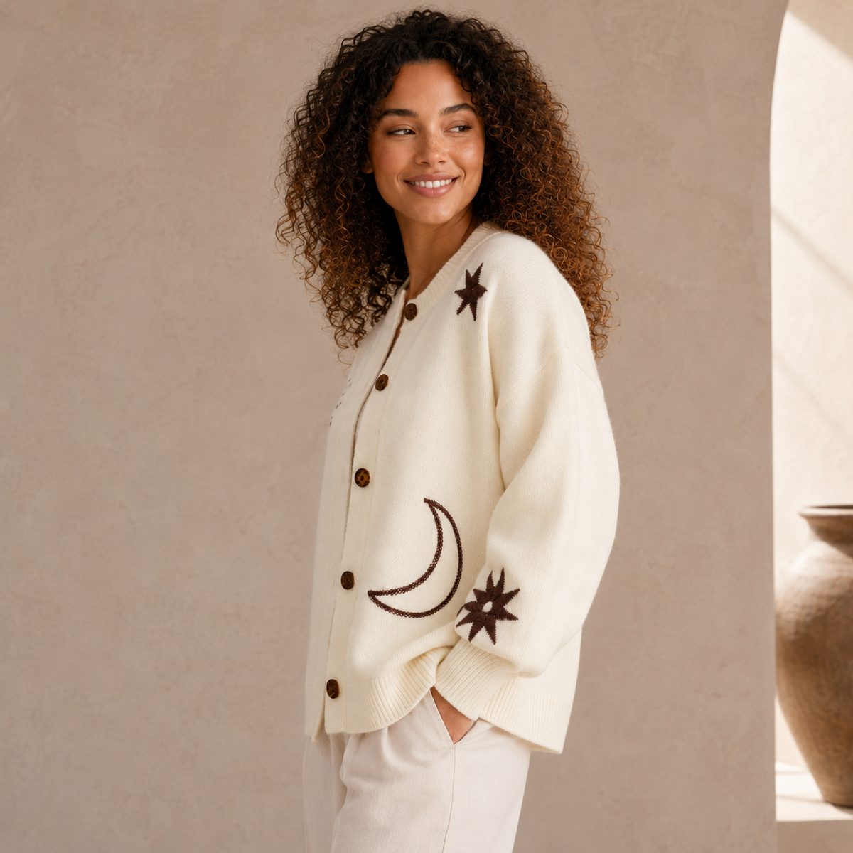 Cream Celestial embroidered cardigan side view