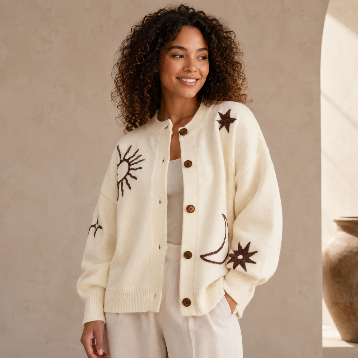 Cream Celestial embroidered cardigan front view with moon and star embroidery