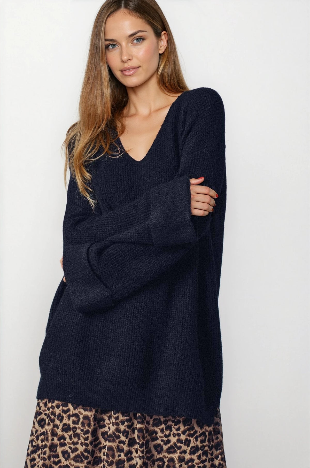 Oversized Knit V-Neck Sweater Tunic Top - House of Caelo Athleisure Wear, Yoga Wear &  Women's Clothing