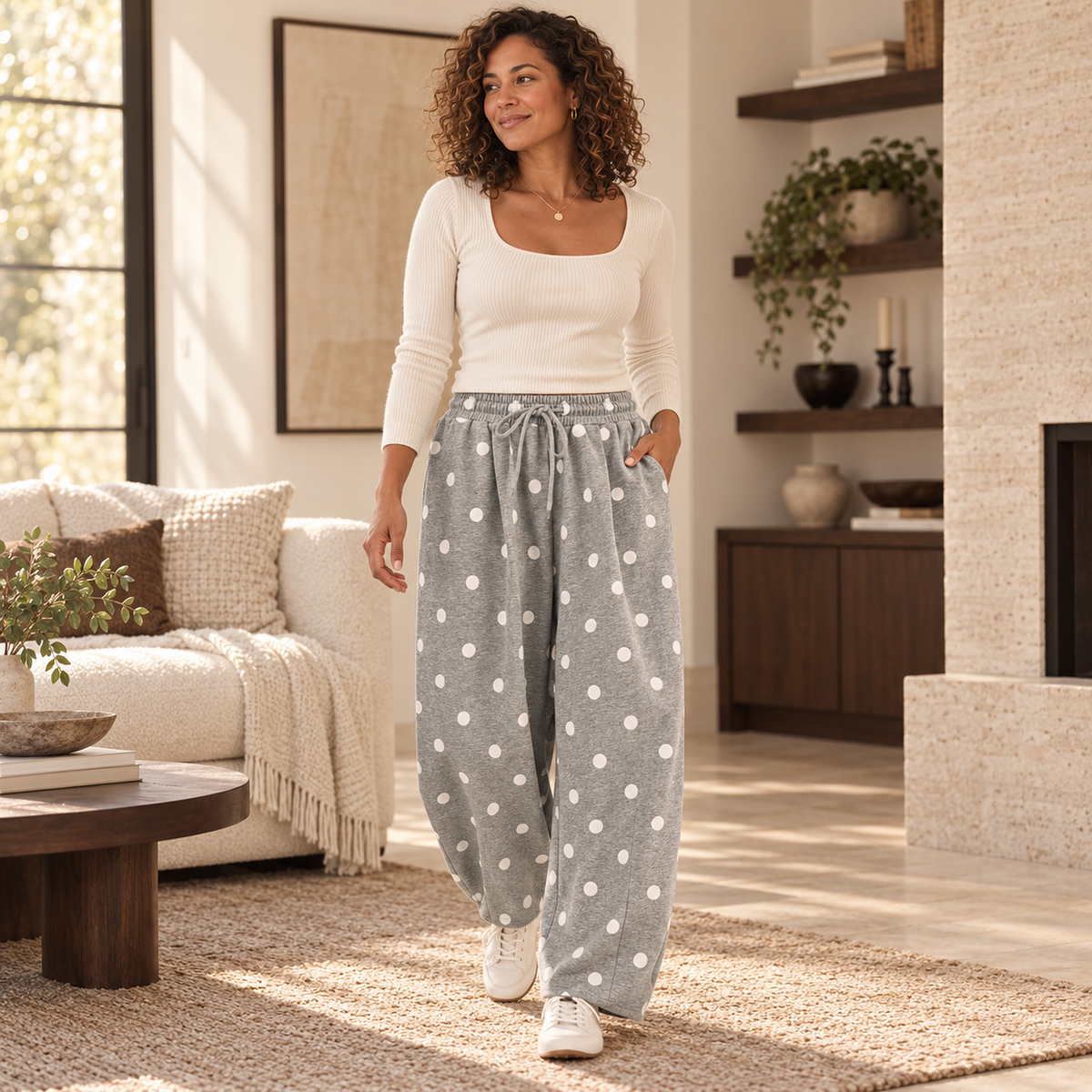 Woman wearing Cloud Dot barrel-leg sweatpants with an ivory knit top in a warm neutral living room