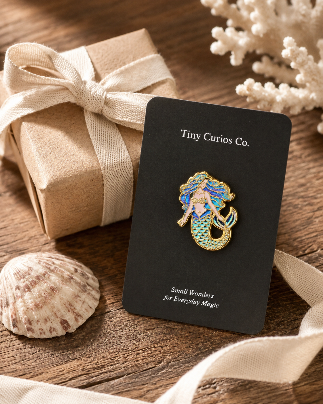 Coral Reef Mermaid enamel pin styled as a small gift