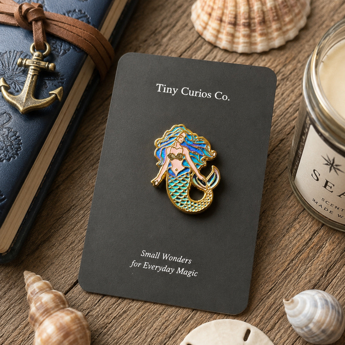Coral Reef Mermaid enamel pin on display card