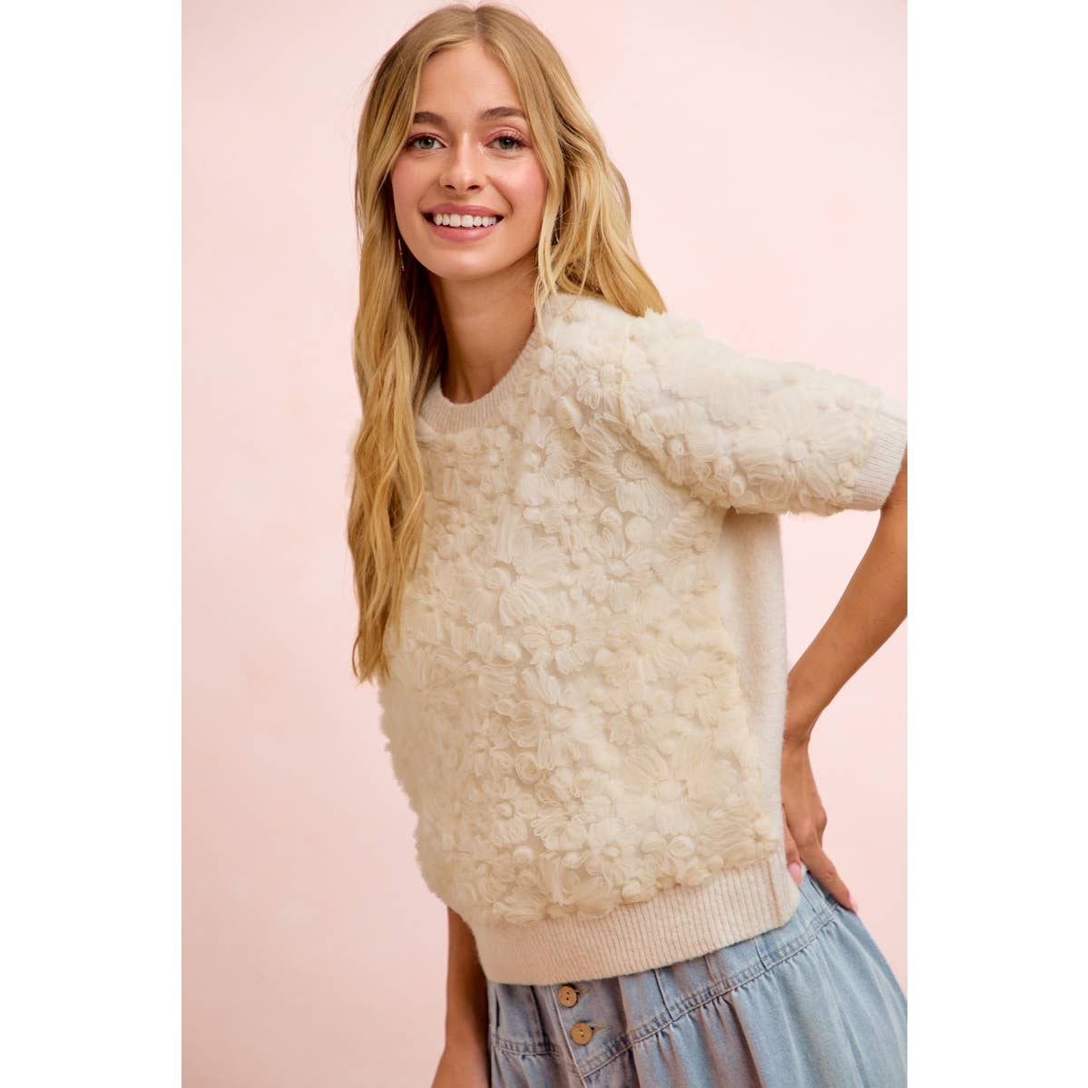 Ivory Bloom 3D Floral Knit Top, view 5 | Fitkitty Culture®