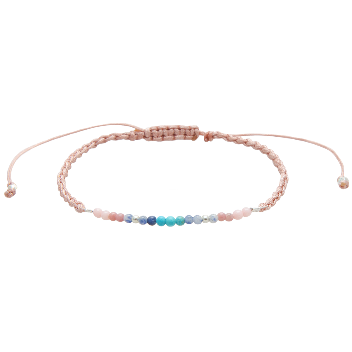 Adjustable blush cord Om Namaste bracelet with pink, blue and turquoise stones