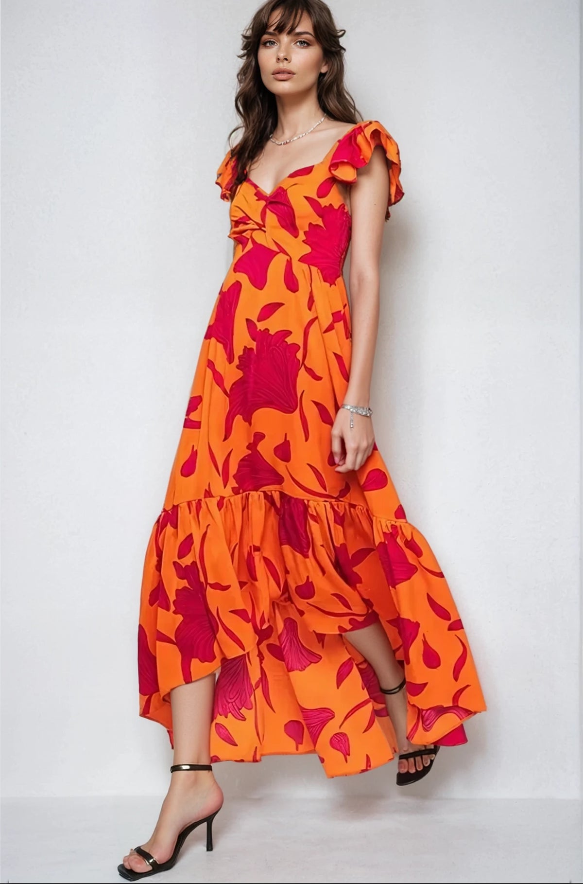 Vibrant Fire Floral High Low Maxi Dress - House of Caelo Athleisure Wear, Yoga Wear &  Women's Clothing