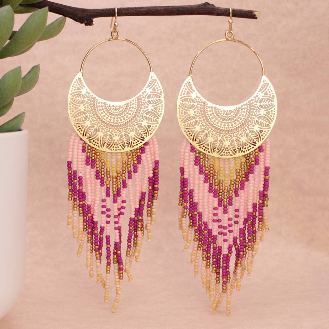 Pink Sunset Beaded Fringe Earrings — alternate product view 3