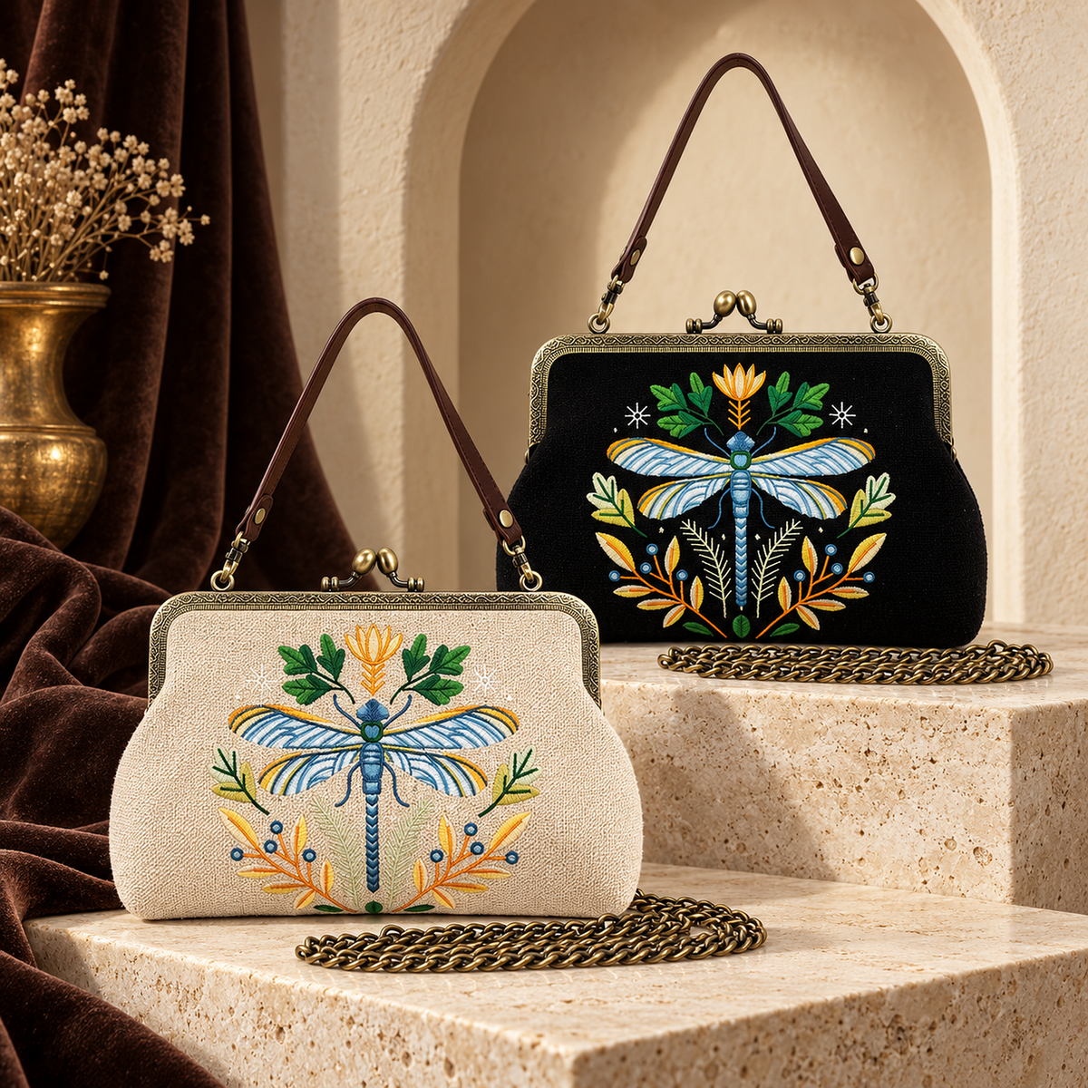 Natural beige and black Dragonfly Kisslock Bags with blue botanical embroidery
