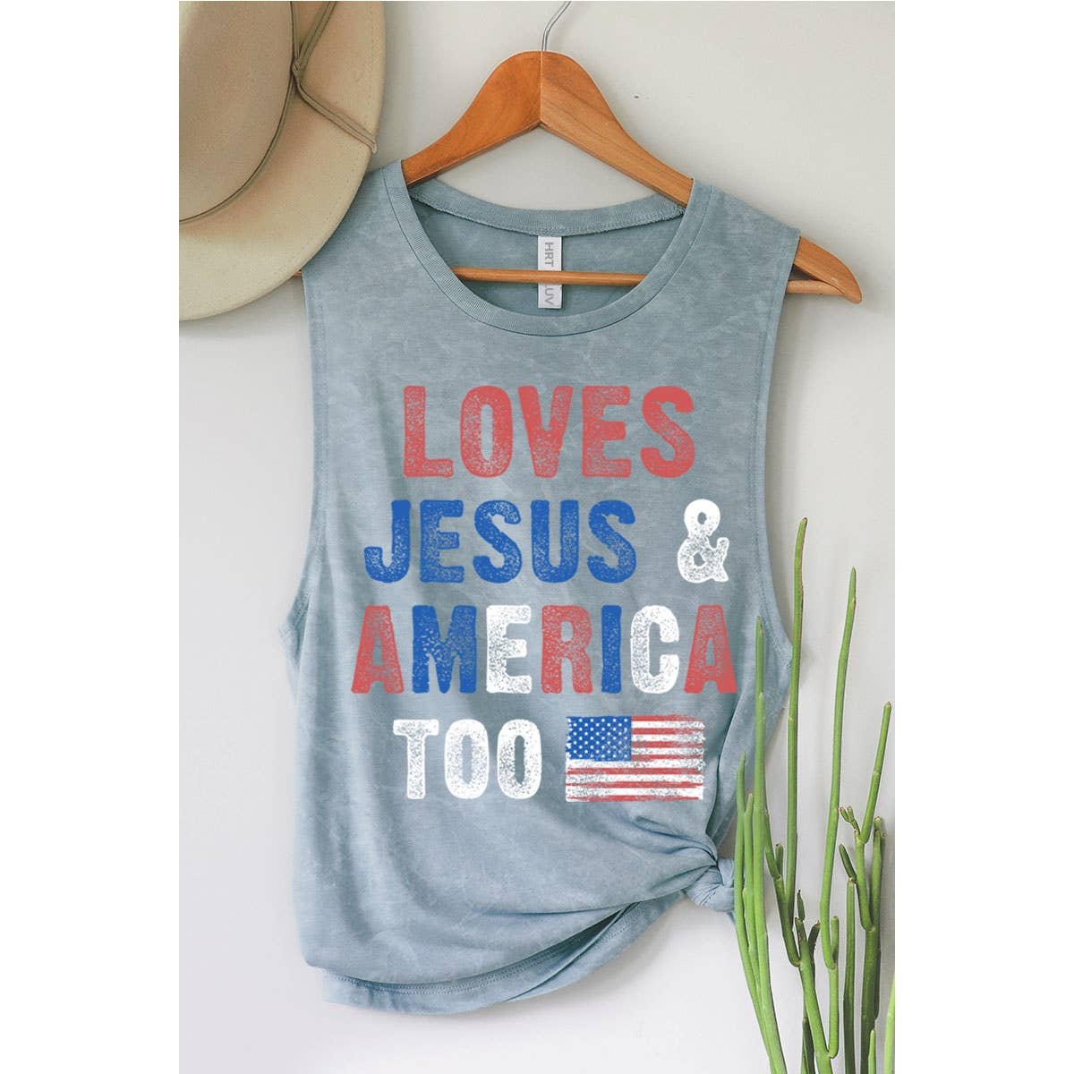 Loves Jesus and America Too Mineral Graphic Tank, view 2 | Fitkitty Culture®