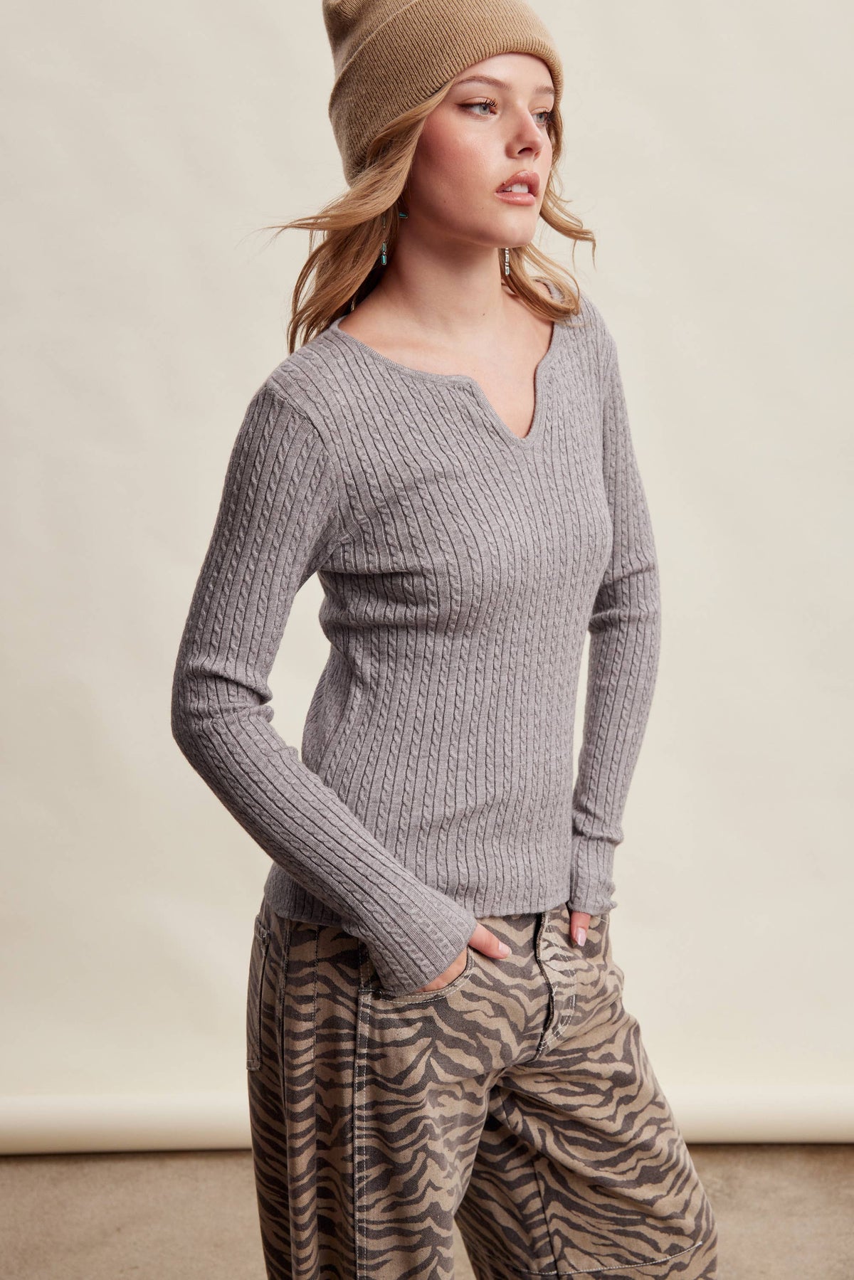 Ribbed V-Neck Knit Top