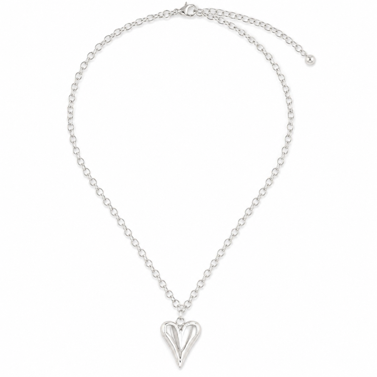 Polished stainless steel open heart pendant necklace with adjustable chain