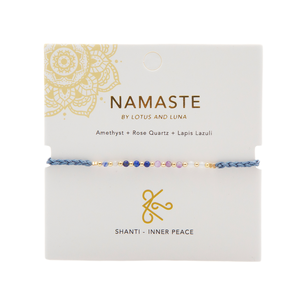 Healing stone Shanti Namaste bracelet with sodalite, amethyst, and rose quartz