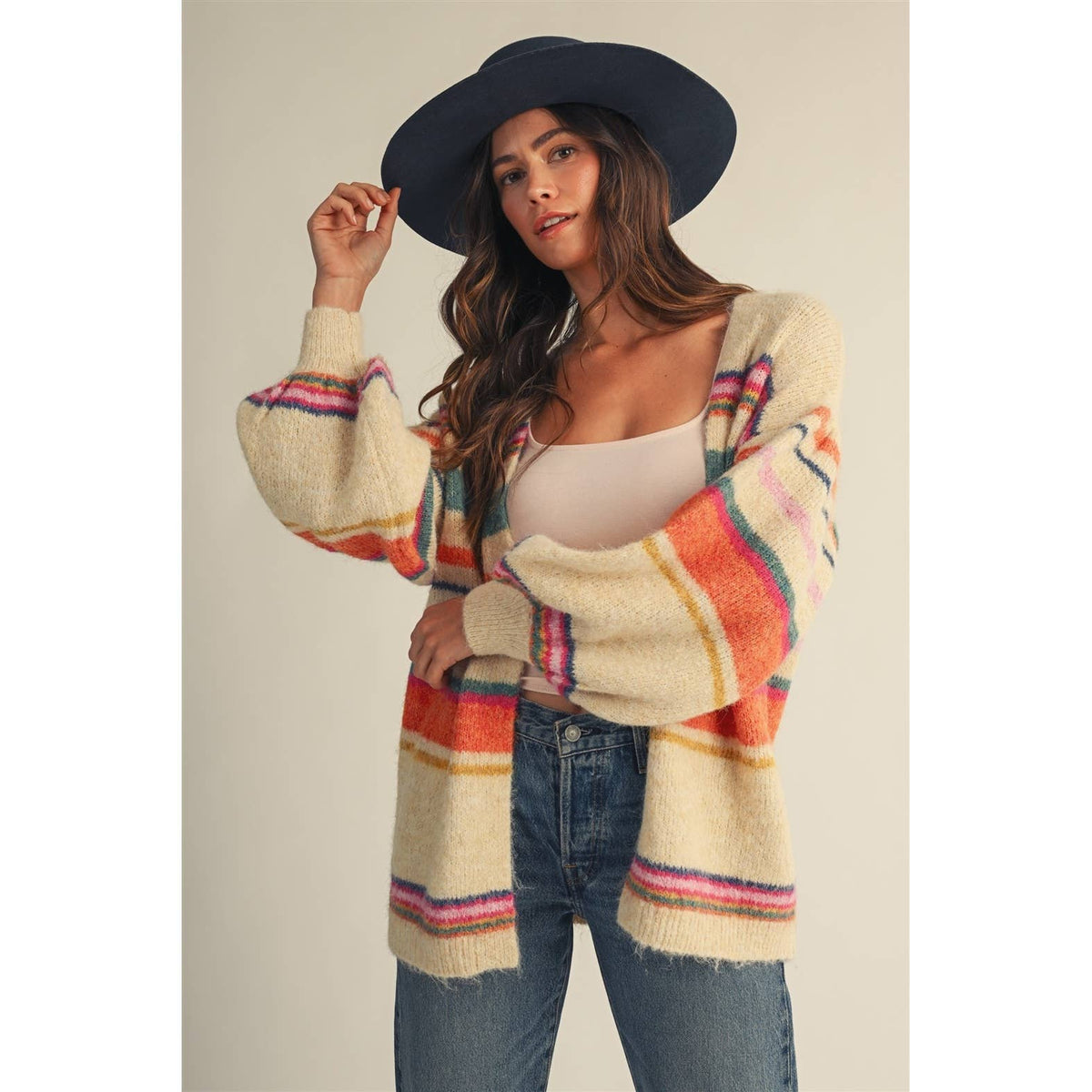 Sunset Carnival Stripe Cozy Relaxed Cardigan, view 6 | Fitkitty Culture®