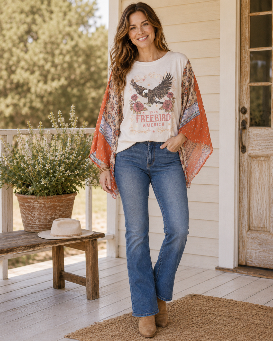 Free Bird America 1776 Graphic Sheer Sleeves Kaftan Top — back view