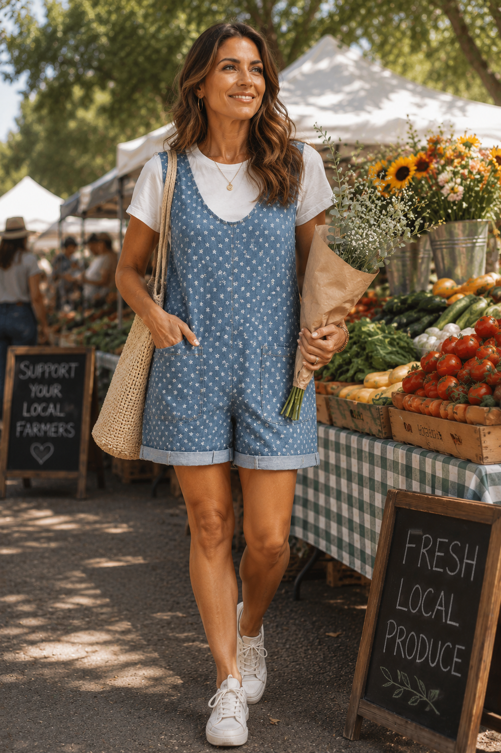 Daisy floral print denim romper with scoop neck and relaxed oversized fit