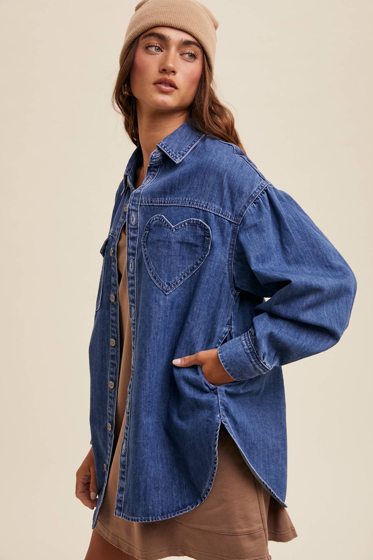 Indigo denim shirt side view with heart-shaped pocket