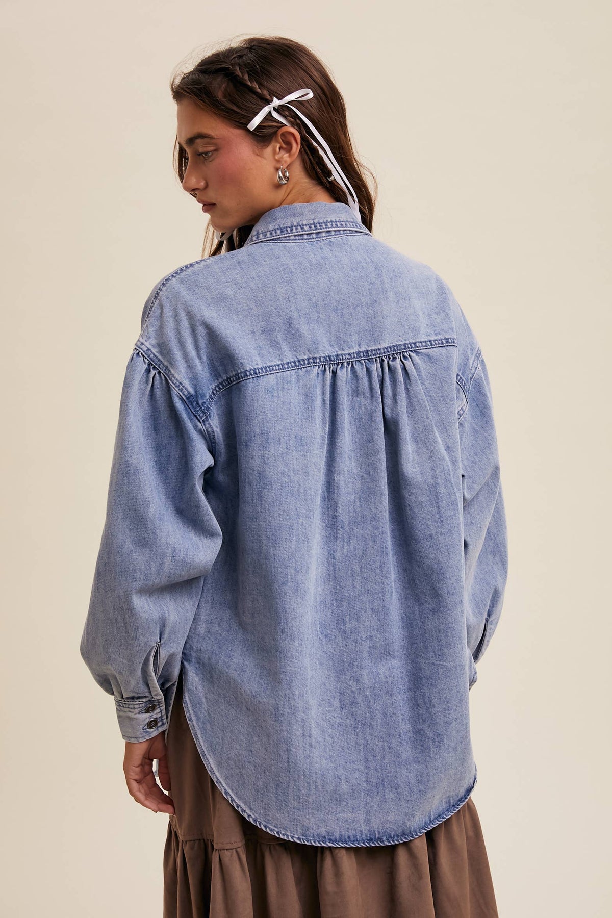 Light Denim oversized shirt back yoke and curved hem