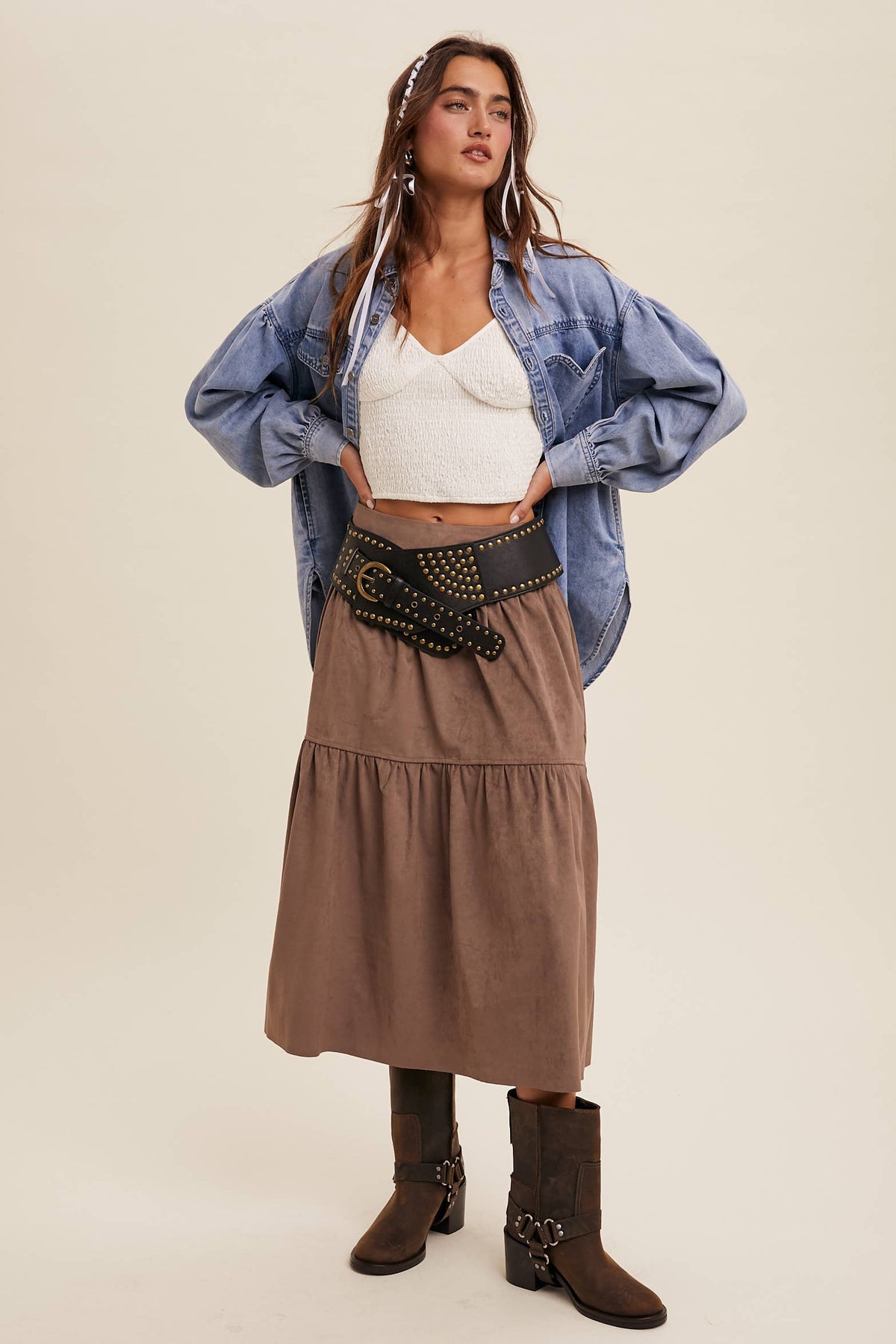 Light Denim Heart Detail Shirt styled open, full length