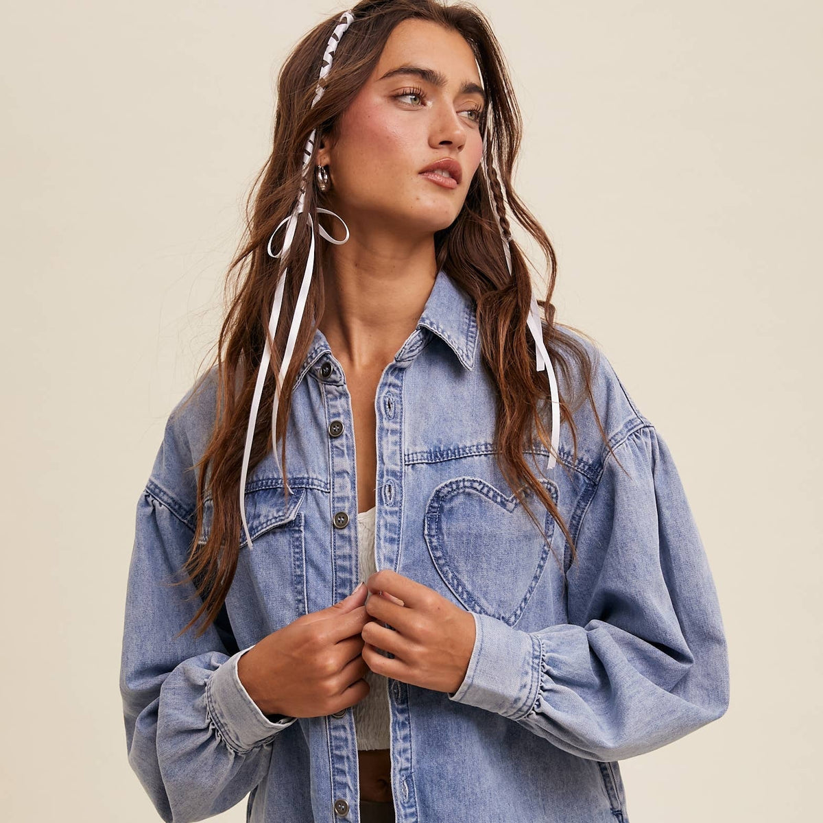 Heart Detail Oversized Denim Shirt in Light Denim, front view