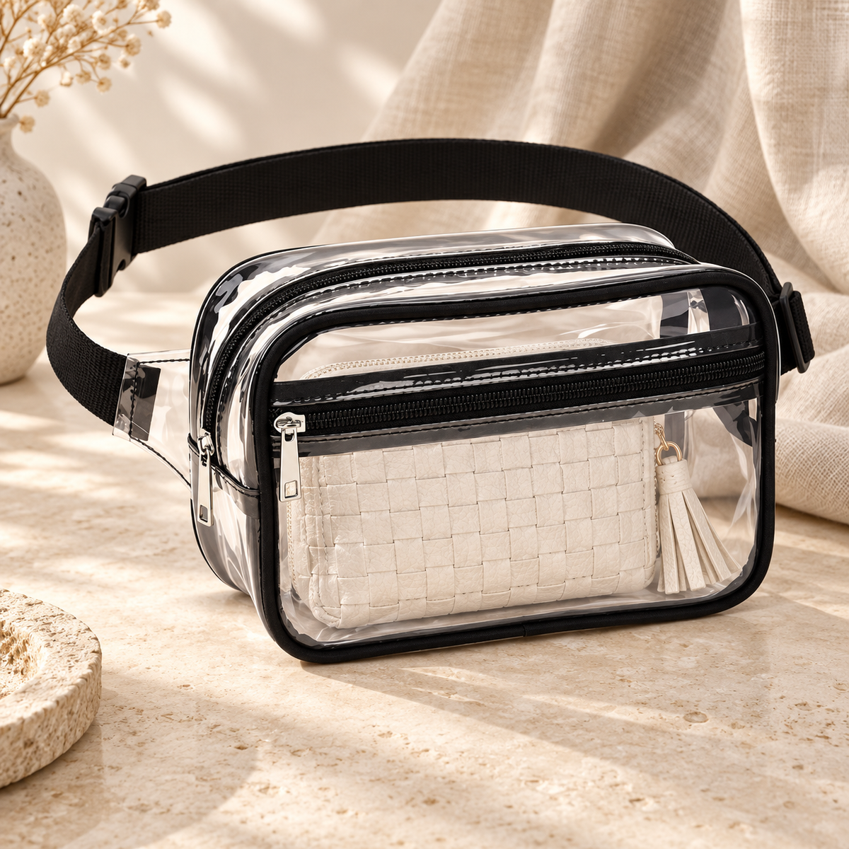Clear Edit belt bag styled with a cream Wynona woven wallet; wallet not included