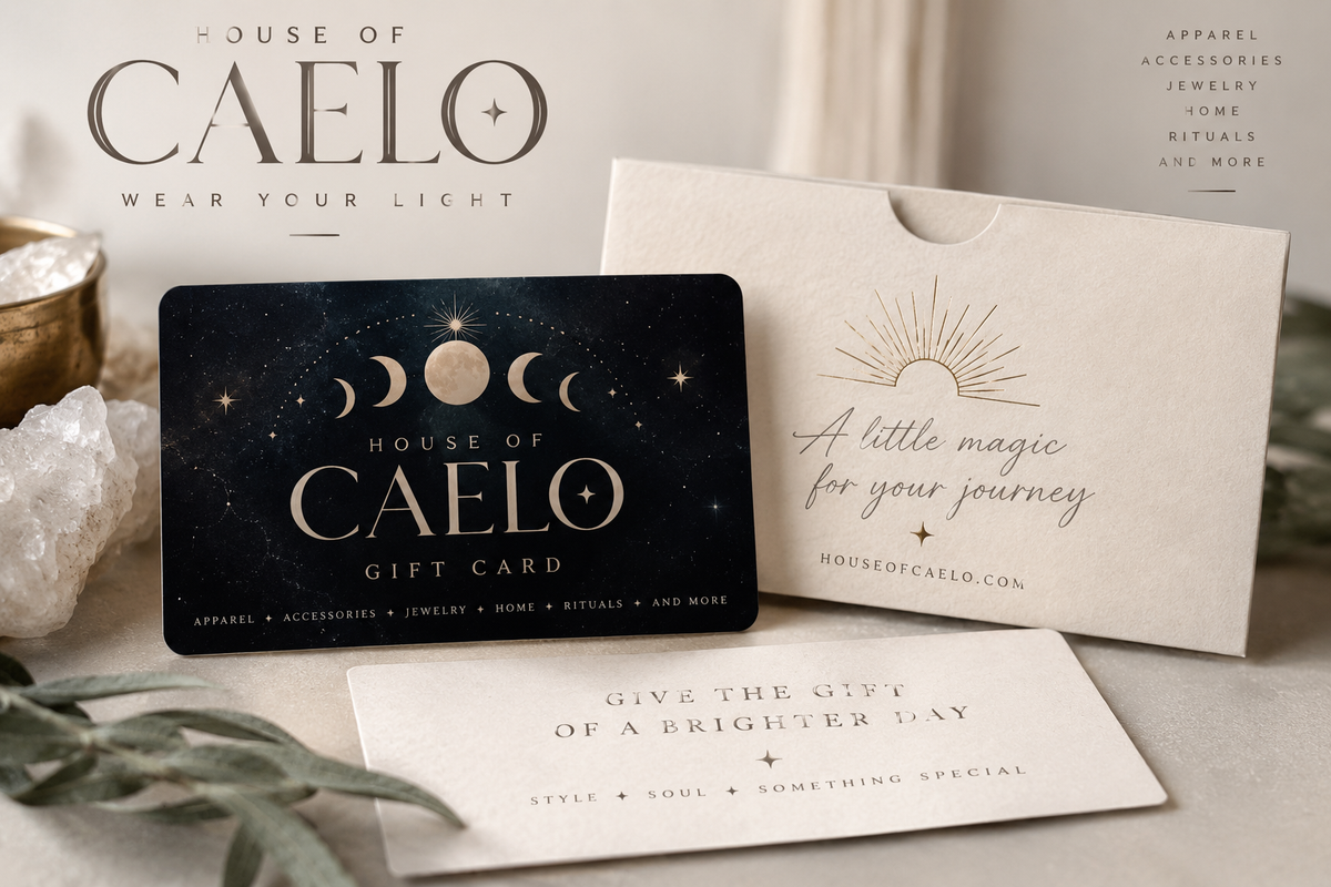 House of Caelo gift card styled in cream, midnight navy and warm gold with celestial details
