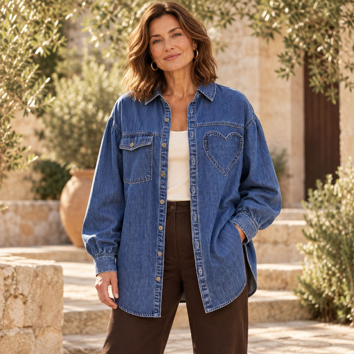 Indigo Heart Detail Oversized Denim Shirt styled with an ivory tank and chocolate trousers