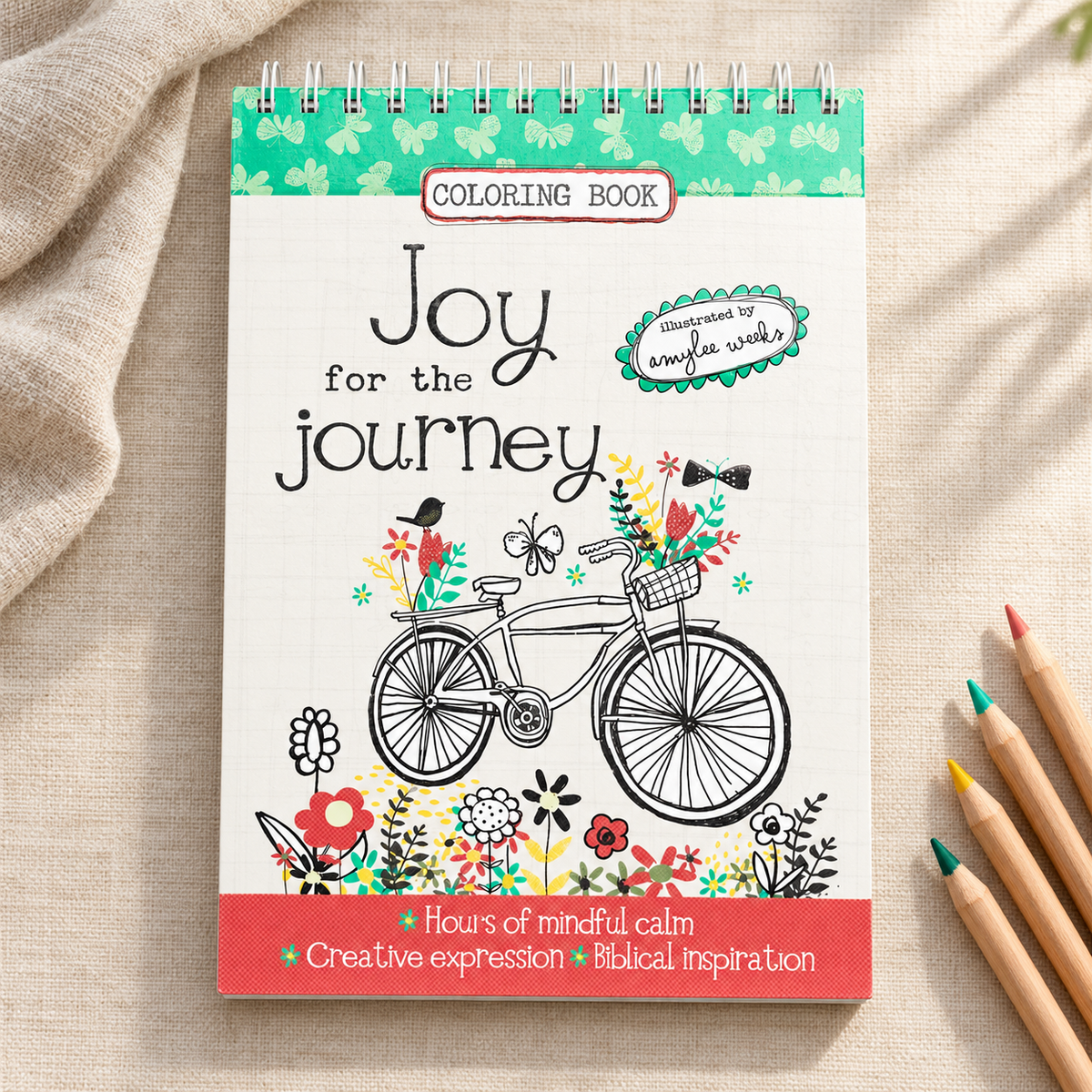 Joy for the Journey wirebound coloring book with bicycle and floral cover on cream linen