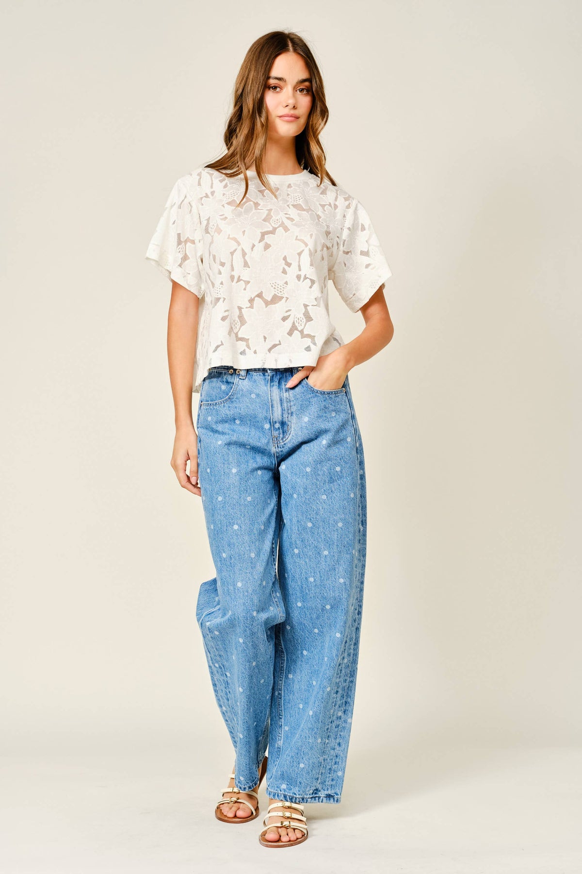Front view of the off-white Soft Bloom Floral Lace Tee with a crew neckline, boxy shape and short sleeves