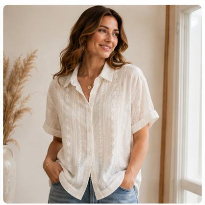Ivory Garden Lace Button-Down Shirt front styled view