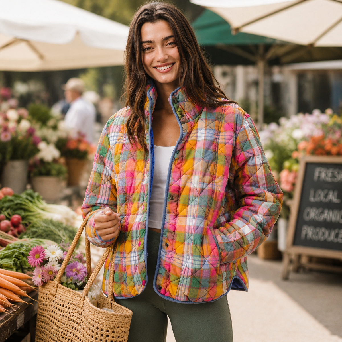 Woman wearing the multicolor Vintage Plaid Quilted Jacket at an outdoor flower market