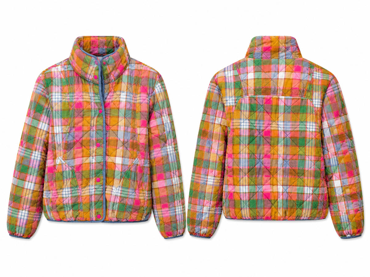 Front and back product views of the multicolor plaid quilted jacket with snap front and pockets