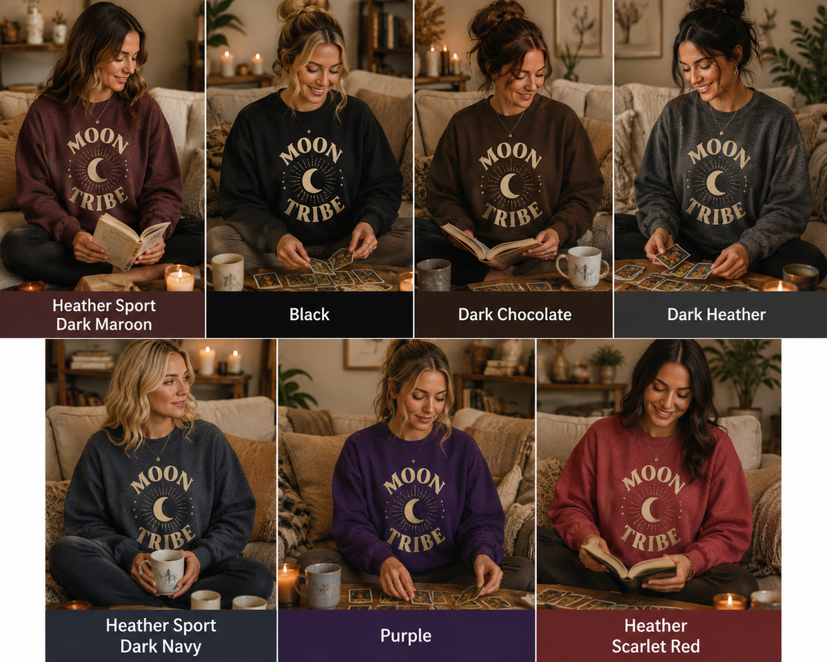 A 6x2 grid showing a woman wearing the same crewneck sweatshirt in six different colors, each labeled with its name: Heather Sport Dark Maroon, Black, Dark Chocolate, Dark Heather, Heather Sport Dark Navy, Purple, and Heather Sport Scarlet Red. The sweatshirt has a large cream graphic reading 'MOON TRIBE' with a crescent moon.