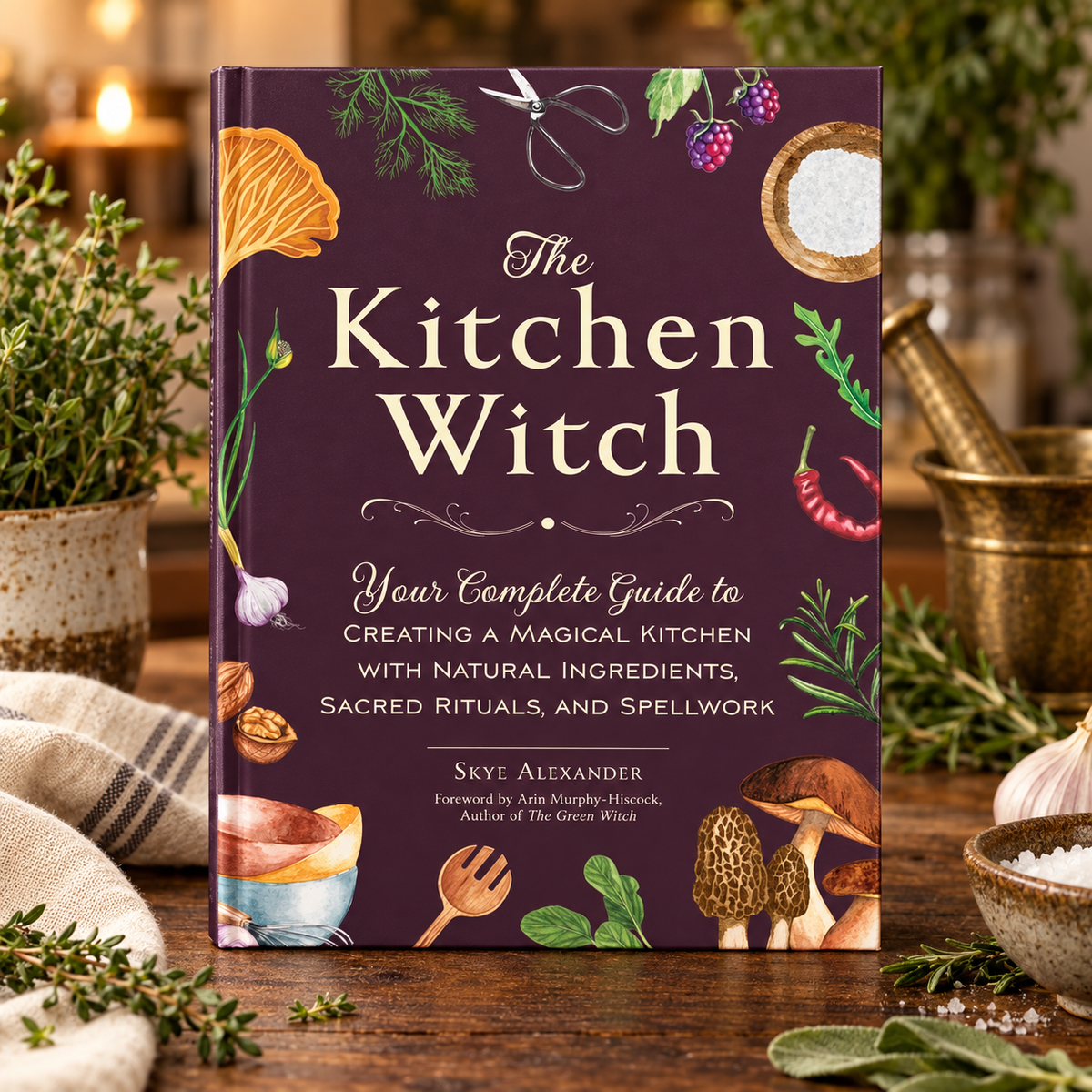 The Kitchen Witch by Skye Alexander displayed on a warm kitchen counter