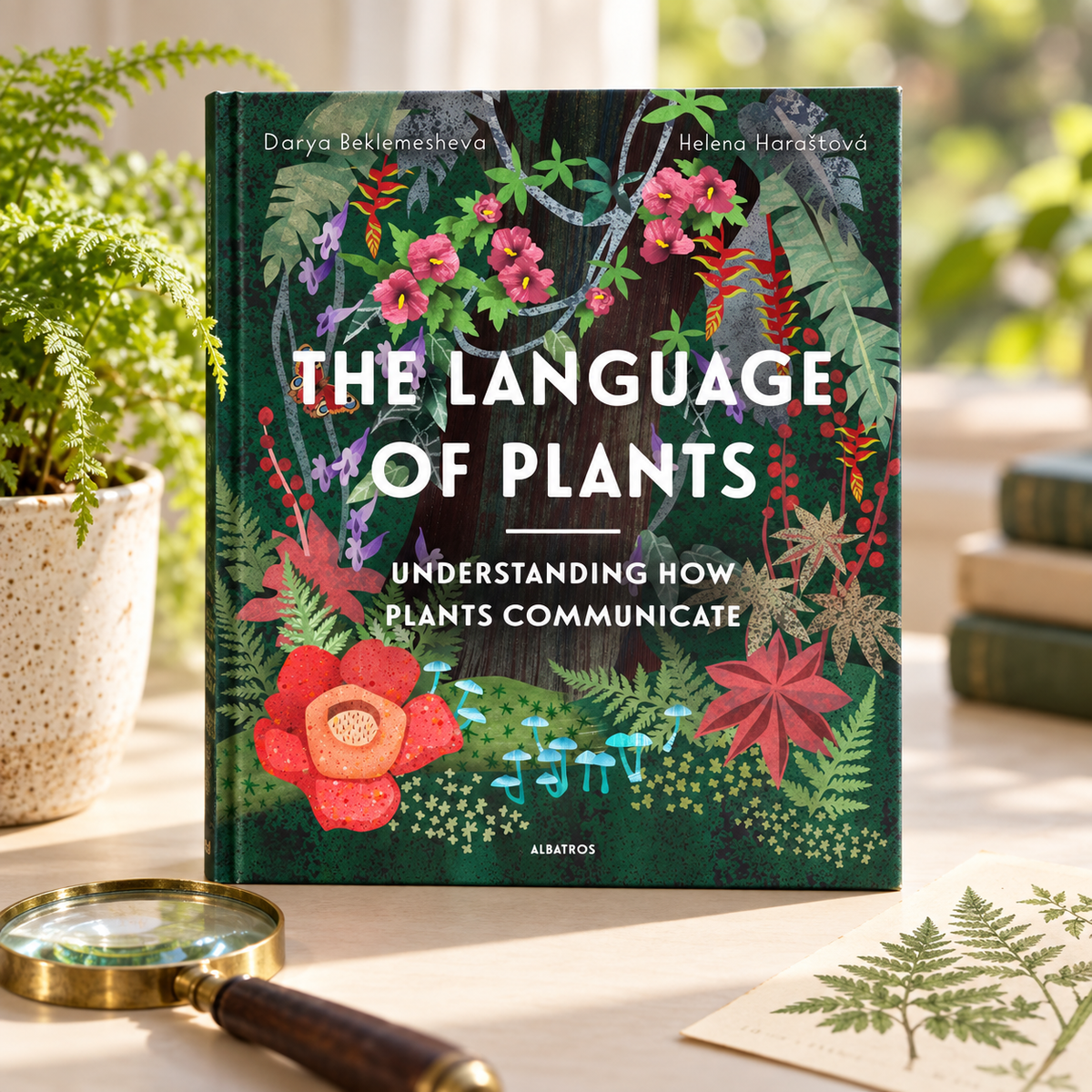 The Language of Plants book in a sunlit botanical reading setting