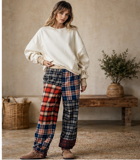 Patchwork Plaid Jogger Pants, view 3 | House of Caelo®
