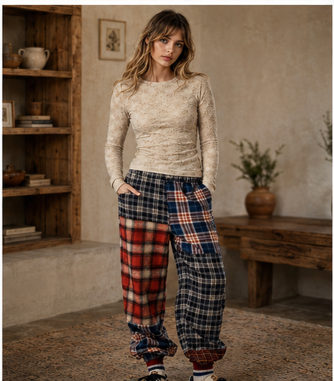 Patchwork Plaid Jogger Pants, view 5 | House of Caelo®
