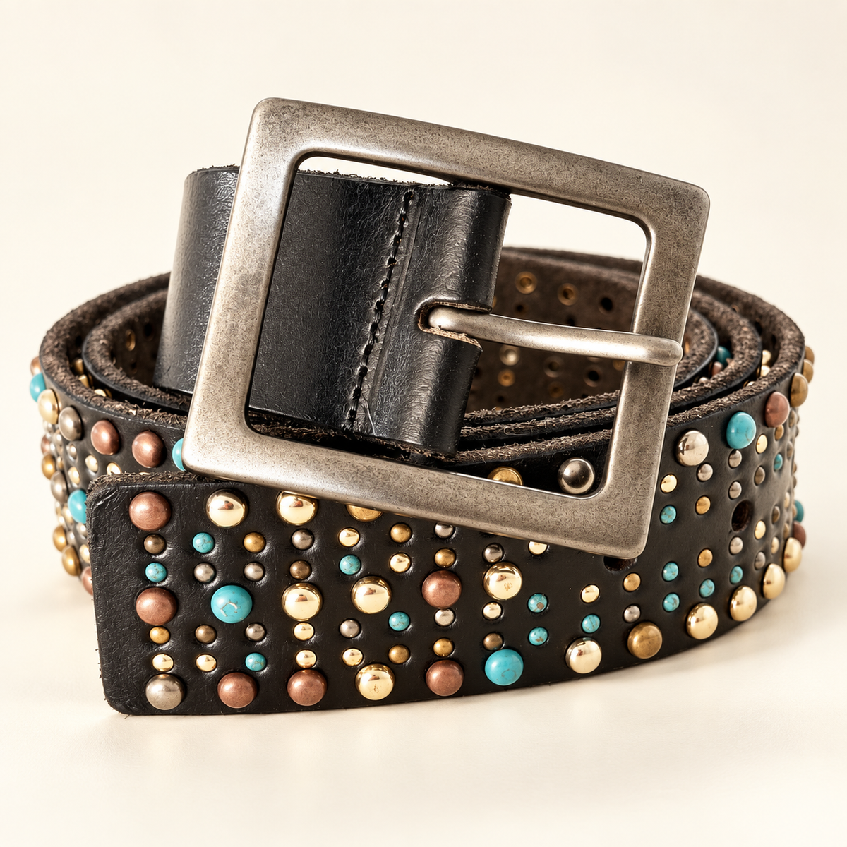 Midnight Rodeo Studded Leather Belt on a warm ivory background