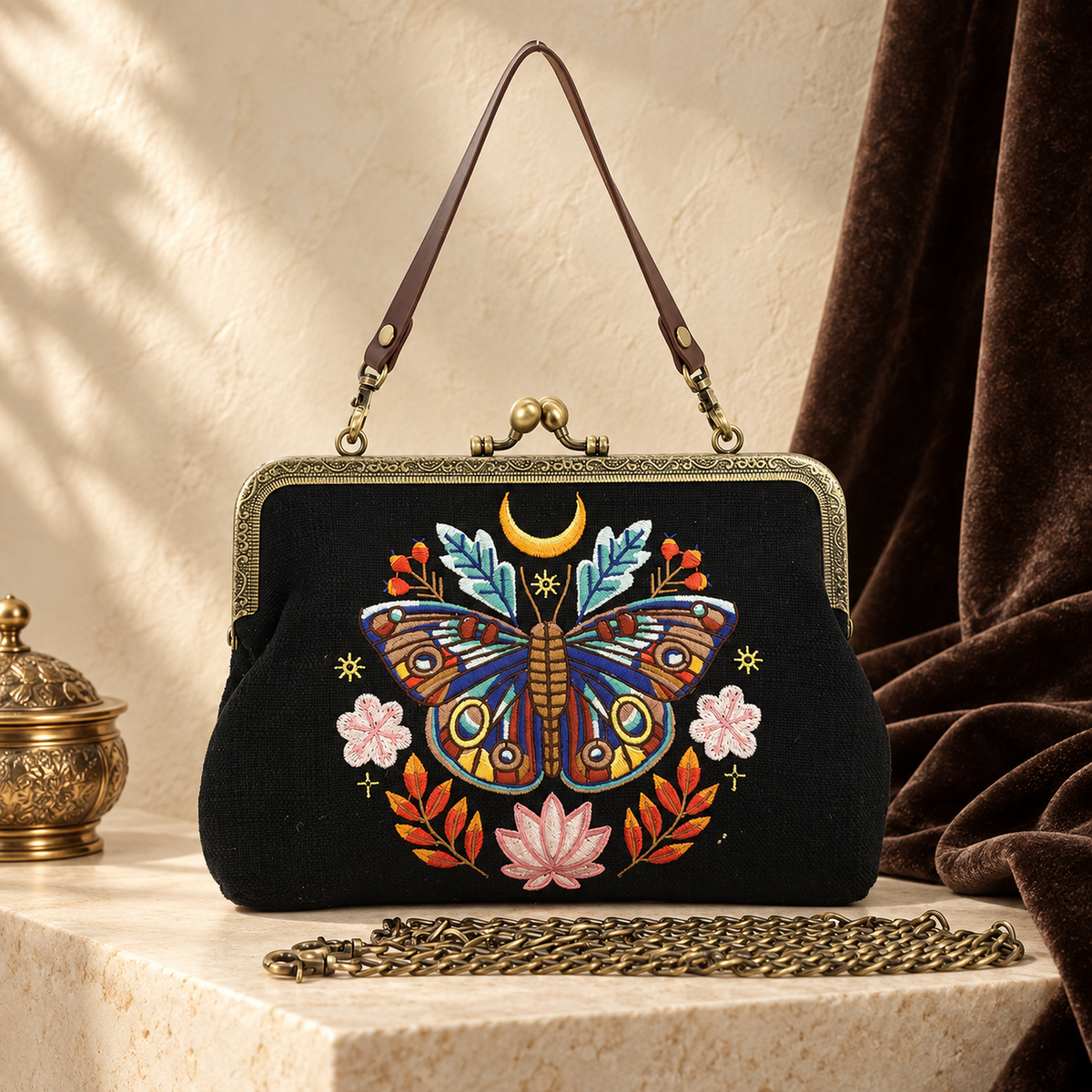 Black Moon Moth Vintage Kisslock Purse with colorful celestial and floral embroidery