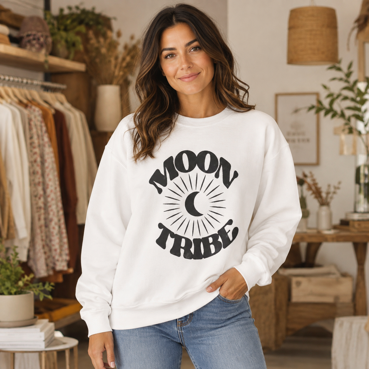 Moon Tribe White Crewneck Sweatshirt lifestyle main image