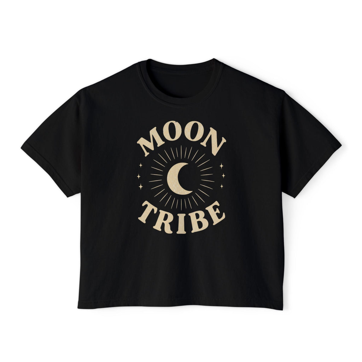 Black Cozy Moon Tribe cropped boxy tee with cream crescent moon graphic, front product view