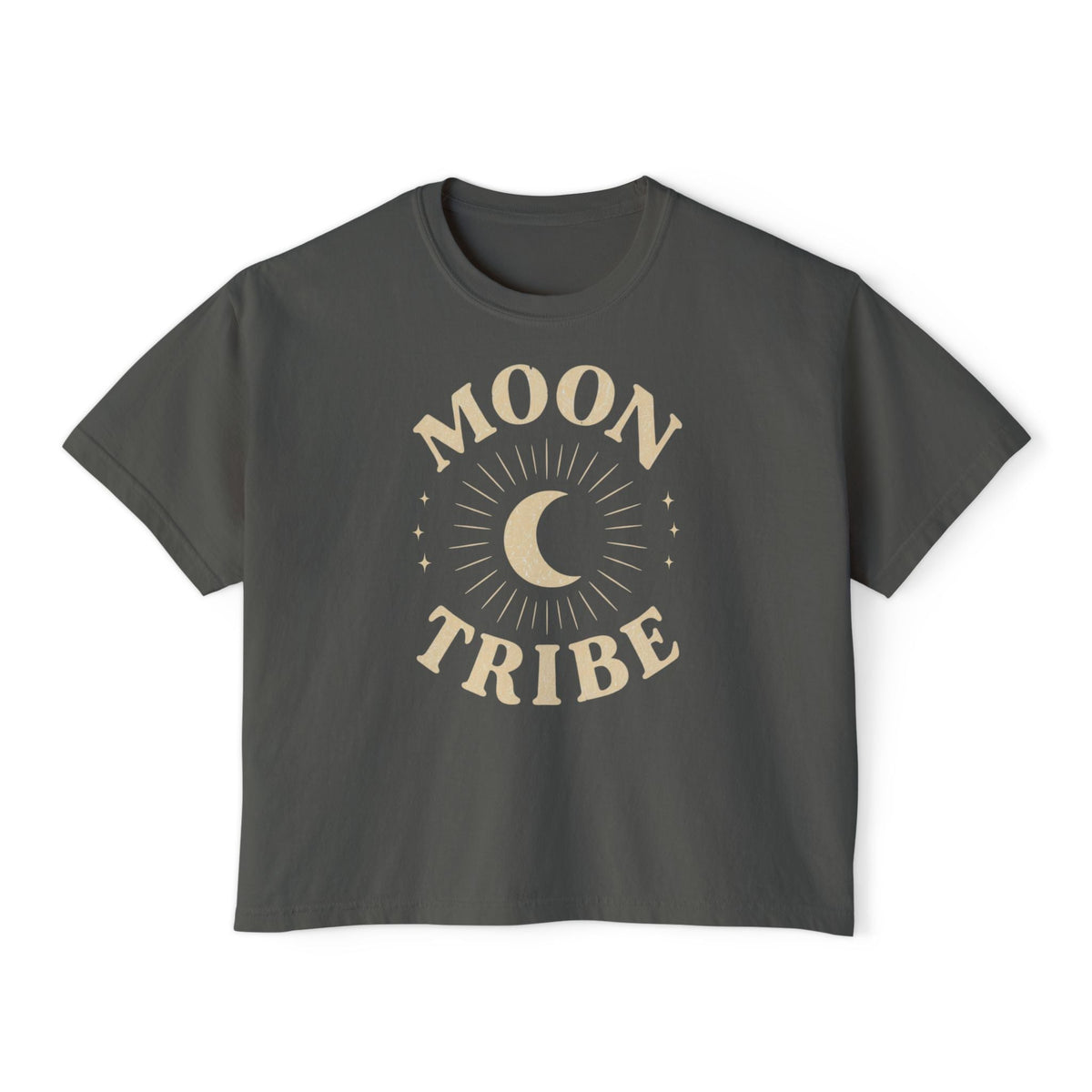 Pepper gray Cozy Moon Tribe cropped boxy tee with cream crescent moon graphic, front product view
